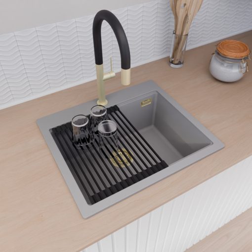 HD Infinity Grey 58 egymedencés gránit mosogatótálca szett, vágódeszkával, matt fekete csepegtetőráccsal, alpesi szürke színben, szálcsiszolt arany leeresztő szifonnal