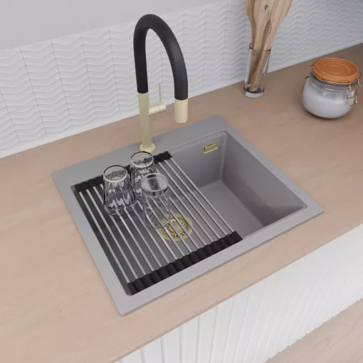 HD Infinity Grey 58 egymedencés gránit mosogatótálca szett, vágódeszkával, acél csepegtetőráccsal és kosárral, alpesi szürke színben, szálcsiszolt arany leeresztő szifonnal