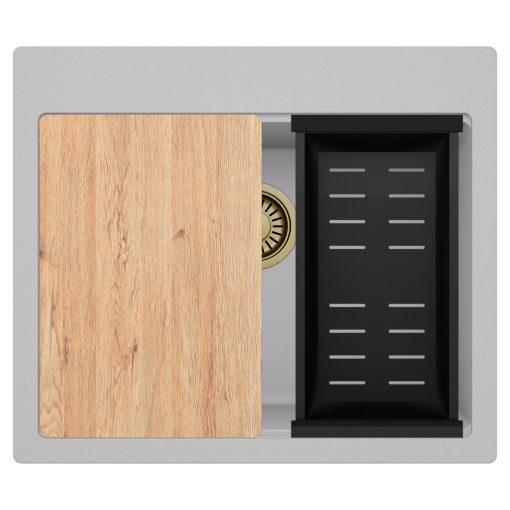 HD Infinity Grey 58 egymedencés gránit mosogatótálca szett, vágódeszkával, matt fekete csepegtetőkosárral, alpesi szürke színben, szálcsiszolt arany leeresztő szifonnal