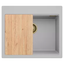 HD Infinity Grey 58 egymedencés gránit mosogatótálca, vágódeszkával, alpesi szürke színben, szálcsiszolt arany leeresztő szifonnal