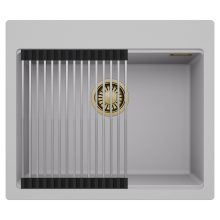 HD Infinity Grey 58 egymedencés gránit mosogatótálca szett, acél csepegtetőráccsal, alpesi szürke színben, szálcsiszolt arany leeresztő szifonnal