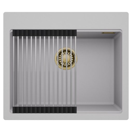 HD Infinity Grey 58 egymedencés gránit mosogatótálca szett, acél csepegtetőráccsal, alpesi szürke színben, szálcsiszolt arany leeresztő szifonnal