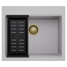 HD Infinity Grey 58 egymedencés gránit mosogatótálca szett, matt fekete csepegtetőkosárral, alpesi szürke színben, szálcsiszolt arany leeresztő szifonnal