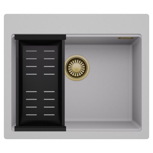 HD Infinity Grey 58 egymedencés gránit mosogatótálca szett, matt fekete csepegtetőkosárral, alpesi szürke színben, szálcsiszolt arany leeresztő szifonnal