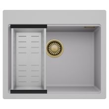 HD Infinity Grey 58 egymedencés gránit mosogatótálca szett, acél csepegtetőkosárral, alpesi szürke színben, szálcsiszolt arany leeresztő szifonnal
