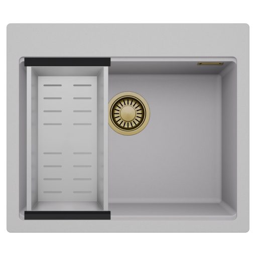HD Infinity Grey 58 egymedencés gránit mosogatótálca szett, acél csepegtetőkosárral, alpesi szürke színben, szálcsiszolt arany leeresztő szifonnal