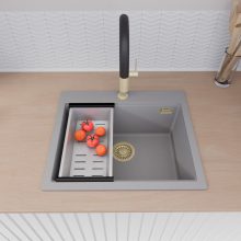 HD Infinity Grey 58 egymedencés gránit mosogatótálca szett, acél csepegtetőkosárral, alpesi szürke színben, szálcsiszolt arany leeresztő szifonnal