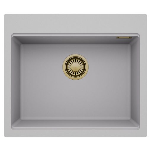 HD Infinity Grey 58 egymedencés gránit mosogatótálca, alpesi szürke színben, szálcsiszolt arany leeresztő szifonnal