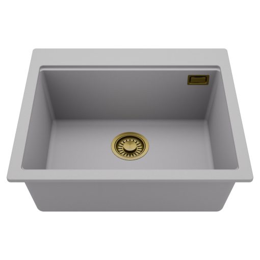 HD Infinity Grey 58 egymedencés gránit mosogatótálca, alpesi szürke színben, szálcsiszolt arany leeresztő szifonnal