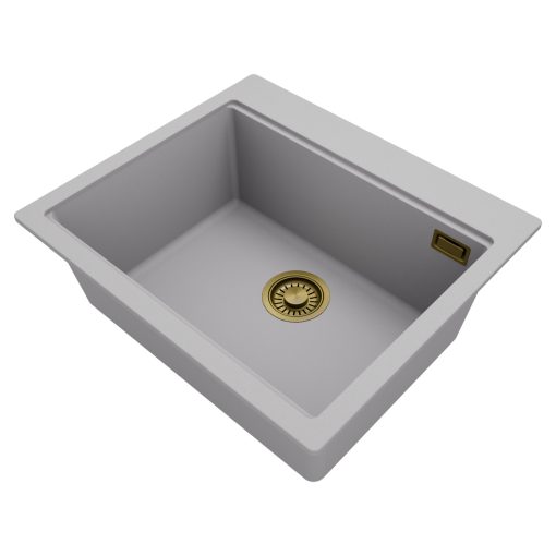 HD Infinity Grey 58 egymedencés gránit mosogatótálca, alpesi szürke színben, szálcsiszolt arany leeresztő szifonnal