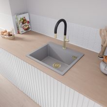 HD Infinity Grey 58 egymedencés gránit mosogatótálca, alpesi szürke színben, szálcsiszolt arany leeresztő szifonnal