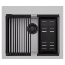 HD Infinity Grey 58 egymedencés gránit mosogatótálca szett, matt fekete csepegtetőráccsal és kosárral, alpesi szürke színben, matt fekete leeresztő szifonnal