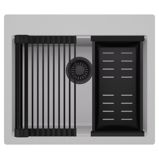 HD Infinity Grey 58 egymedencés gránit mosogatótálca szett, matt fekete csepegtetőráccsal és kosárral, alpesi szürke színben, matt fekete leeresztő szifonnal