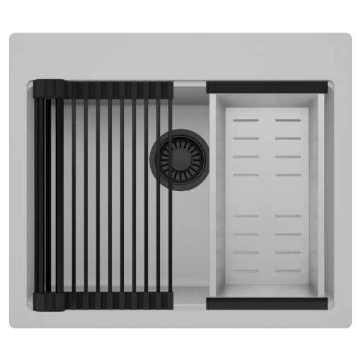 HD Infinity Grey 58 egymedencés gránit mosogatótálca szett, matt fekete csepegtetőráccsal és krómozott kosárral, alpesi szürke színben, matt fekete leeresztő szifonnal