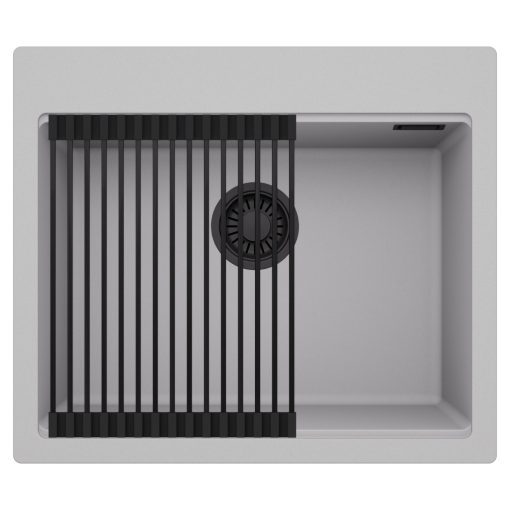 HD Infinity Grey 58 egymedencés gránit mosogatótálca szett, matt fekete csepegtetőráccsal, alpesi szürke színben, matt fekete leeresztő szifonnal