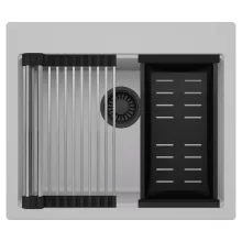 HD Infinity Grey 58 egymedencés gránit mosogatótálca szett, acél csepegtetőráccsal és matt fekete kosárral, alpesi szürke színben, matt fekete leeresztő szifonnal