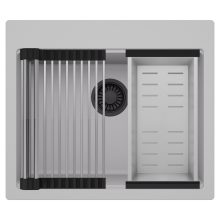 HD Infinity Grey 58 egymedencés gránit mosogatótálca szett, acél csepegtetőráccsal és kosárral, alpesi szürke színben, matt fekete leeresztő szifonnal
