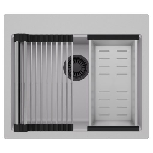 HD Infinity Grey 58 egymedencés gránit mosogatótálca szett, acél csepegtetőráccsal és kosárral, alpesi szürke színben, matt fekete leeresztő szifonnal