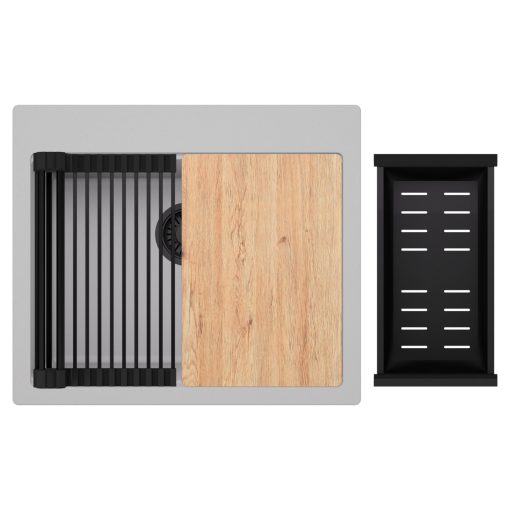 HD Infinity Grey 58 egymedencés gránit mosogatótálca szett, vágódeszkával, matt fekete csepegtetőráccsal és kosárral, alpesi szürke színben, matt fekete leeresztő szifonnal