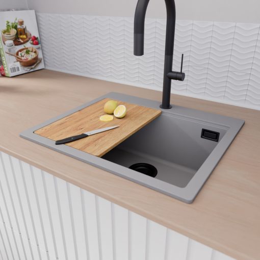 HD Infinity Grey 58 egymedencés gránit mosogatótálca szett, vágódeszkával, matt fekete csepegtetőráccsal és kosárral, alpesi szürke színben, matt fekete leeresztő szifonnal