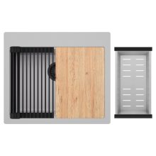 HD Infinity Grey 58 egymedencés gránit mosogatótálca szett, vágódeszkával, matt fekete csepegtetőráccsal és krómozott kosárral, alpesi szürke színben, matt fekete leeresztő szifonnal