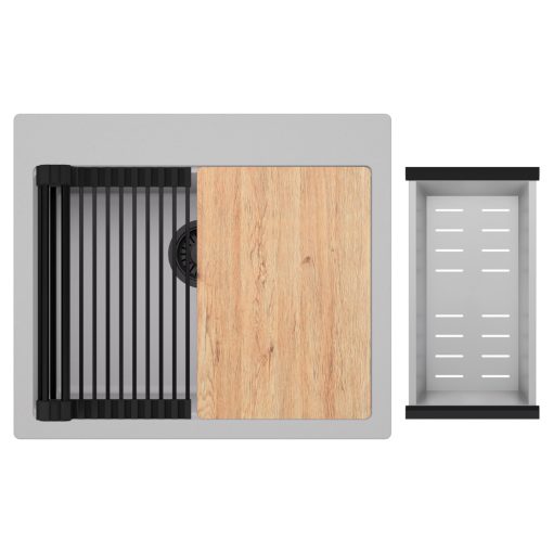 HD Infinity Grey 58 egymedencés gránit mosogatótálca szett, vágódeszkával, matt fekete csepegtetőráccsal és krómozott kosárral, alpesi szürke színben, matt fekete leeresztő szifonnal