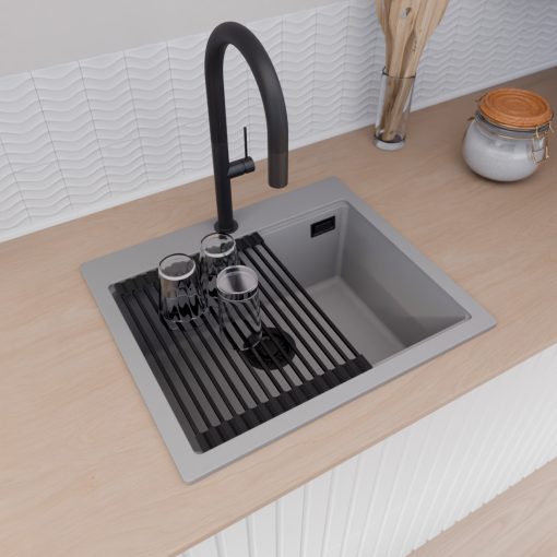 HD Infinity Grey 58 egymedencés gránit mosogatótálca szett, vágódeszkával, matt fekete csepegtetőráccsal, alpesi szürke színben, matt fekete leeresztő szifonnal