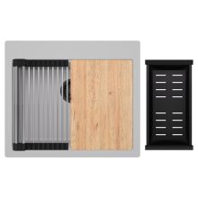 HD Infinity Grey 58 egymedencés gránit mosogatótálca szett, vágódeszkával, acél csepegtetőráccsal és matt fekete kosárral, alpesi szürke színben, matt fekete leeresztő szifonnal