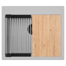 HD Infinity Grey 58 egymedencés gránit mosogatótálca szett, vágódeszkával, acél csepegtetőráccsal, alpesi szürke színben, matt fekete leeresztő szifonnal