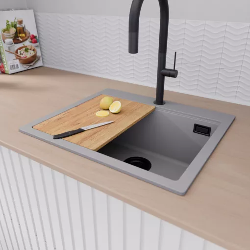 HD Infinity Grey 58 egymedencés gránit mosogatótálca szett, vágódeszkával, acél csepegtetőráccsal, alpesi szürke színben, matt fekete leeresztő szifonnal