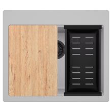 HD Infinity Grey 58 egymedencés gránit mosogatótálca szett, vágódeszkával, matt fekete csepegtetőkosárral, alpesi szürke színben, matt fekete leeresztő szifonnal