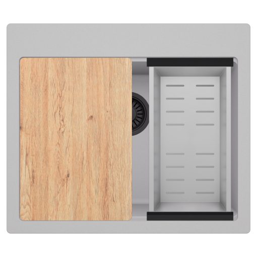 HD Infinity Grey 58 egymedencés gránit mosogatótálca szett, vágódeszkával, acél csepegtetőkosárral, alpesi szürke színben, matt fekete leeresztő szifonnal