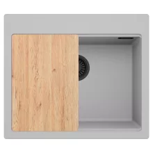 HD Infinity Grey 58 egymedencés gránit mosogatótálca, vágódeszkával, alpesi szürke színben, matt fekete leeresztő szifonnal