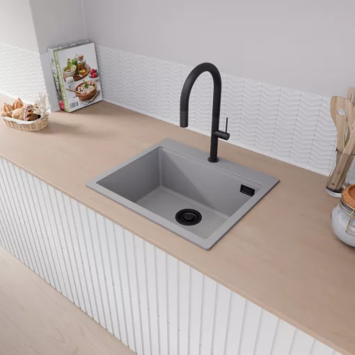 HD Infinity Grey 58 egymedencés gránit mosogatótálca, vágódeszkával, alpesi szürke színben, matt fekete leeresztő szifonnal