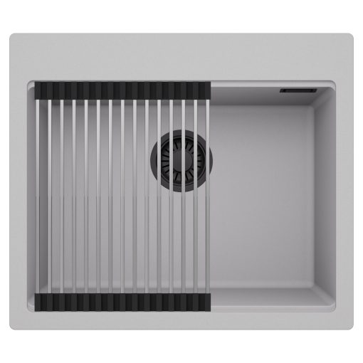 HD Infinity Grey 58 egymedencés gránit mosogatótálca szett, acél csepegtetőráccsal, alpesi szürke színben, matt fekete leeresztő szifonnal