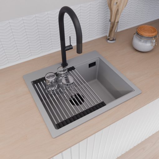 HD Infinity Grey 58 egymedencés gránit mosogatótálca szett, acél csepegtetőráccsal, alpesi szürke színben, matt fekete leeresztő szifonnal