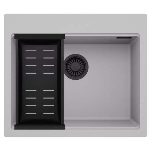 HD Infinity Grey 58 egymedencés gránit mosogatótálca szett, matt fekete csepegtetőkosárral, alpesi szürke színben, matt fekete leeresztő szifonnal