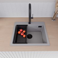 HD Infinity Grey 58 egymedencés gránit mosogatótálca szett, matt fekete csepegtetőkosárral, alpesi szürke színben, matt fekete leeresztő szifonnal