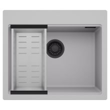 HD Infinity Grey 58 egymedencés gránit mosogatótálca szett, acél csepegtetőkosárral, alpesi szürke színben, matt fekete leeresztő szifonnal