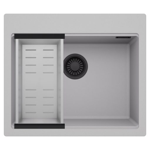 HD Infinity Grey 58 egymedencés gránit mosogatótálca szett, acél csepegtetőkosárral, alpesi szürke színben, matt fekete leeresztő szifonnal