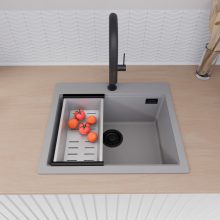 HD Infinity Grey 58 egymedencés gránit mosogatótálca szett, acél csepegtetőkosárral, alpesi szürke színben, matt fekete leeresztő szifonnal