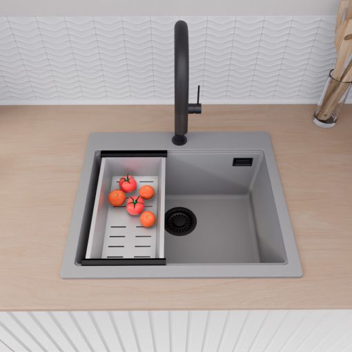 HD Infinity Grey 58 egymedencés gránit mosogatótálca szett, acél csepegtetőkosárral, alpesi szürke színben, matt fekete leeresztő szifonnal