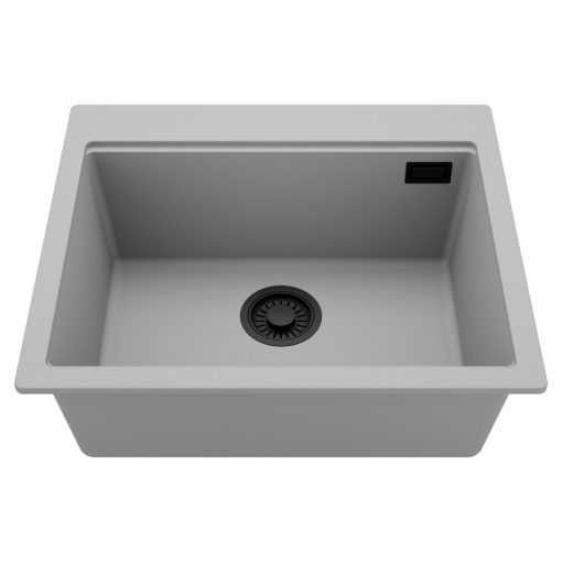 HD Infinity Grey 58 egymedencés gránit mosogatótálca, alpesi szürke színben, matt fekete leeresztő szifonnal