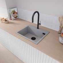 HD Infinity Grey 58 egymedencés gránit mosogatótálca, alpesi szürke színben, matt fekete leeresztő szifonnal