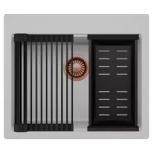 HD Infinity Grey 58 egymedencés gránit mosogatótálca szett, matt fekete csepegtetőráccsal és kosárral, alpesi szürke színben, szálcsiszolt réz leeresztő szifonnal