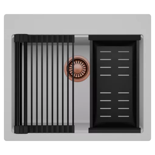 HD Infinity Grey 58 egymedencés gránit mosogatótálca szett, matt fekete csepegtetőráccsal és kosárral, alpesi szürke színben, szálcsiszolt réz leeresztő szifonnal