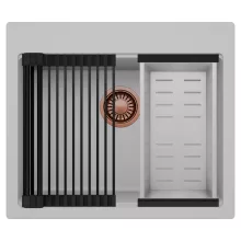 HD Infinity Grey 58 egymedencés gránit mosogatótálca szett, matt fekete csepegtetőráccsal és krómozott kosárral, alpesi szürke színben, szálcsiszolt réz leeresztő szifonnal
