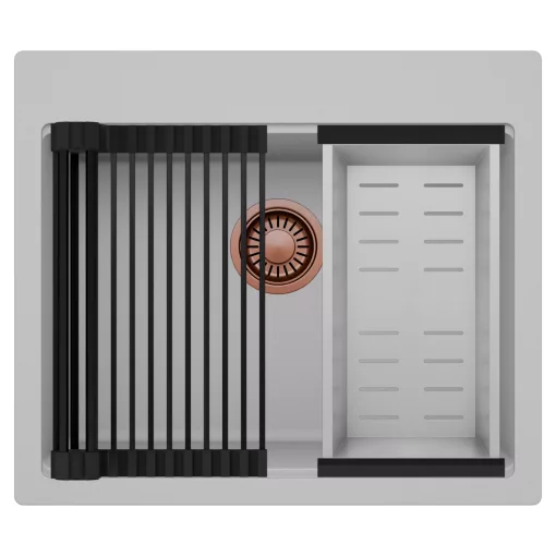 HD Infinity Grey 58 egymedencés gránit mosogatótálca szett, matt fekete csepegtetőráccsal és krómozott kosárral, alpesi szürke színben, szálcsiszolt réz leeresztő szifonnal