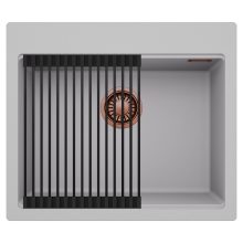 HD Infinity Grey 58 egymedencés gránit mosogatótálca szett, matt fekete csepegtetőráccsal, alpesi szürke színben, szálcsiszolt réz leeresztő szifonnal