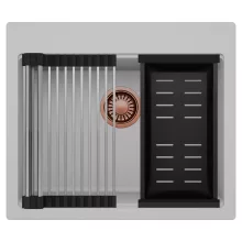 HD Infinity Grey 58 egymedencés gránit mosogatótálca szett, acél csepegtetőráccsal és matt fekete kosárral, alpesi szürke színben, szálcsiszolt réz leeresztő szifonnal